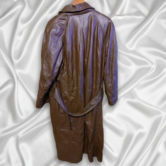Vintage 80s Together Leather Double Breasted Maxi Trench Coat Brown Womens Sz 16 - Picture 2 of 8